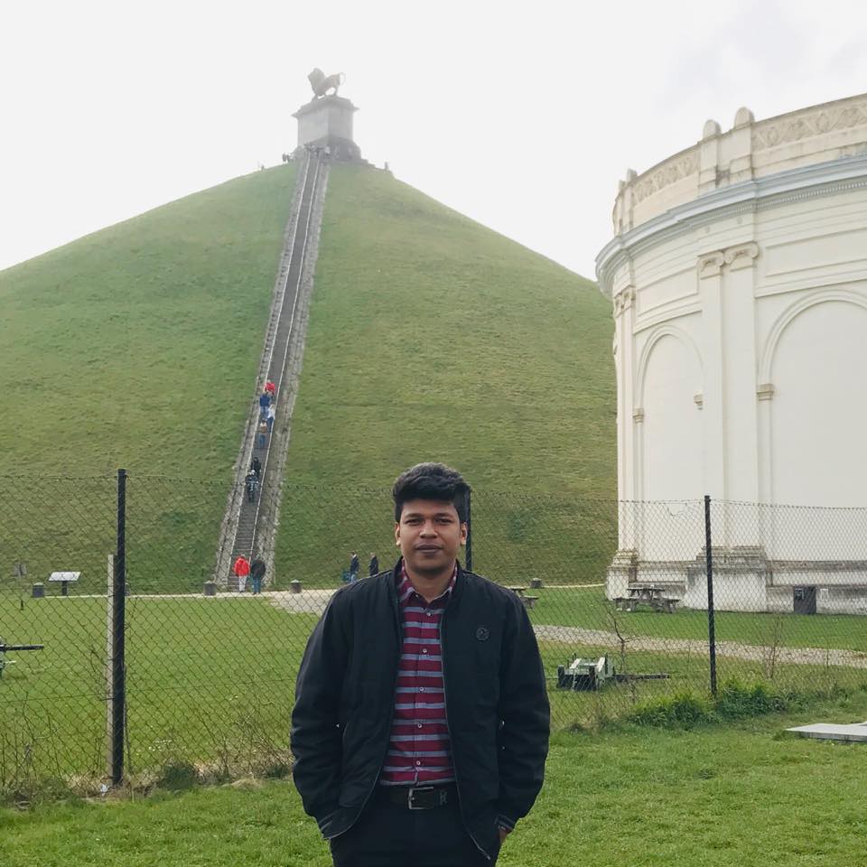 Raihan Khan in front of the Lion's Mound memorial at the Waterloo battlefield in Belgium.