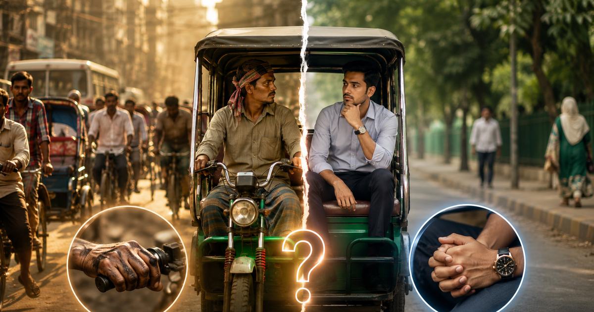 একটি ব্যাটারি চালিত রিকশায় মুখোমুখি বসা চালক ও যাত্রী, মাঝখানে একটি প্রশ্নবোধক চিহ্ন — দায় কার তা নিয়ে প্রতীকী চিত্র