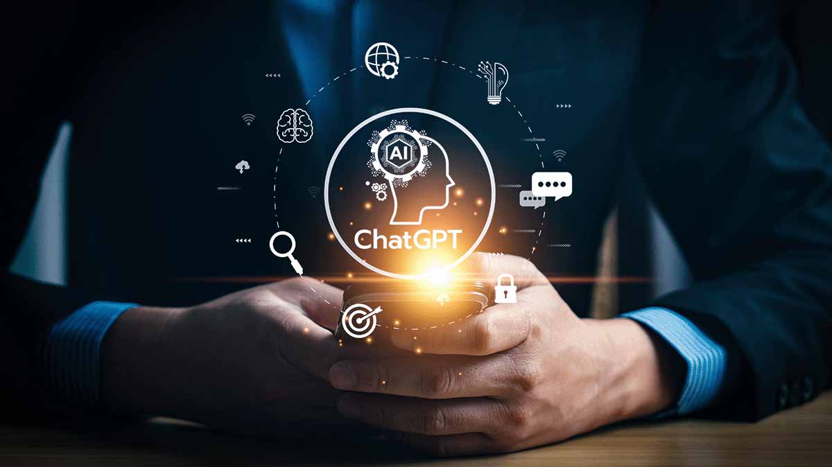 A person using ChatGPT on a phone with illustrative icons