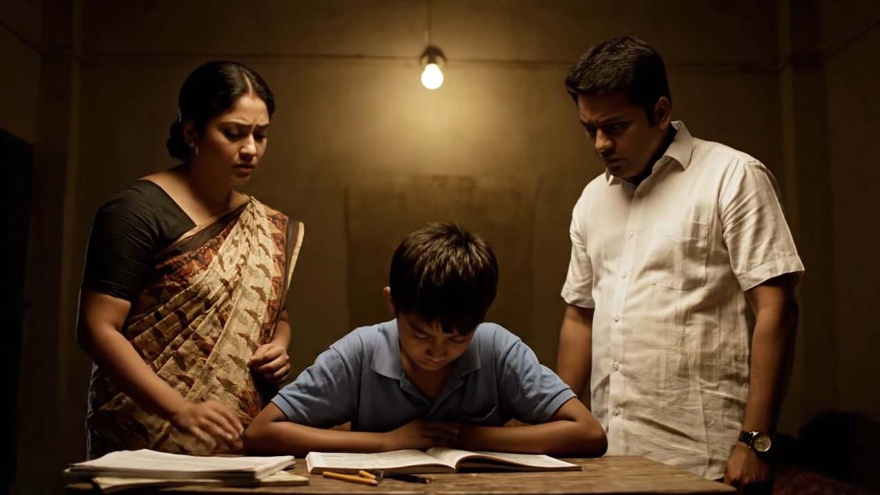 একজন হতাশ শিক্ষার্থী তার বইয়ের সামনে বসে আছে।