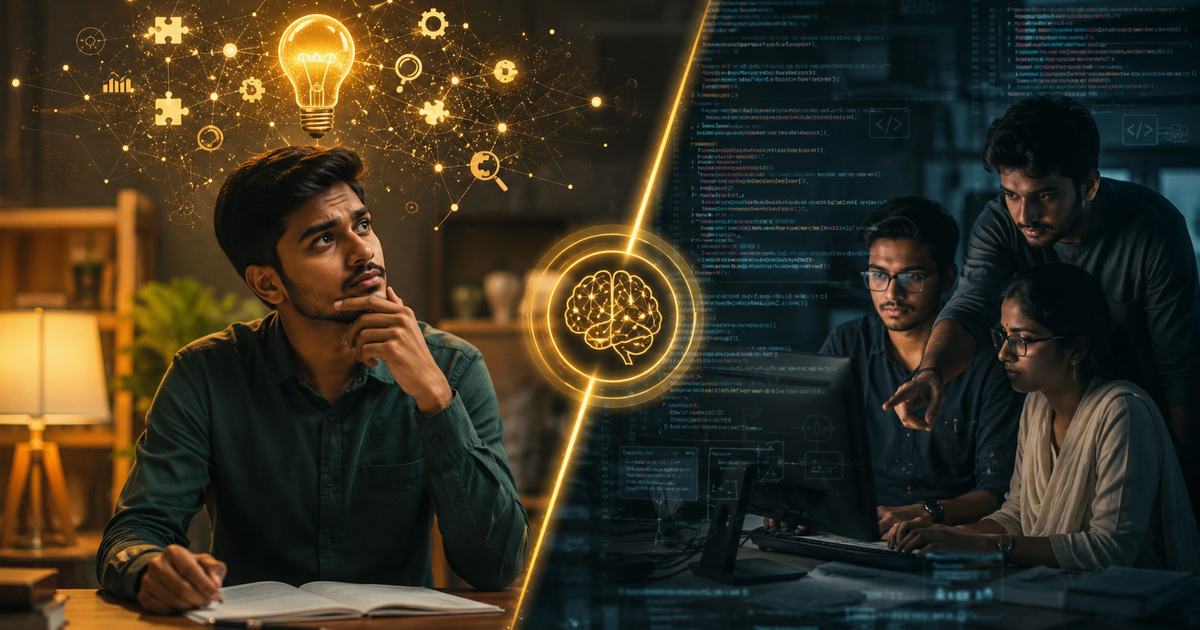 একদিকে চিন্তারত একজন সমস্যা সমাধানকারী, অন্যদিকে কোড লিখছেন কয়েকজন প্রোগ্রামার — সমস্যা সমাধান বনাম কোডিংয়ের প্রতীকী চিত্র