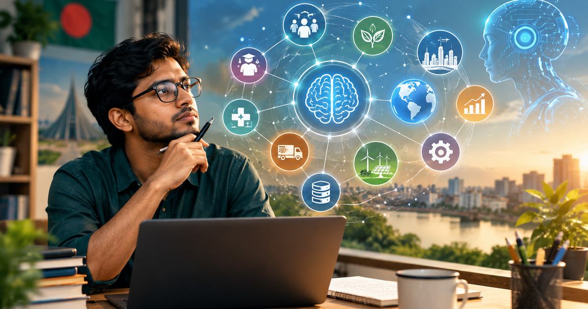 একজন চিন্তারত মানুষ, তার চারপাশে স্বাস্থ্য, শিক্ষা, অর্থনীতি, শহর, পরিবেশের মতো পরস্পর-সংযুক্ত সিস্টেমের প্রতীকী চিত্র, পাশে একটি AI অবয়ব