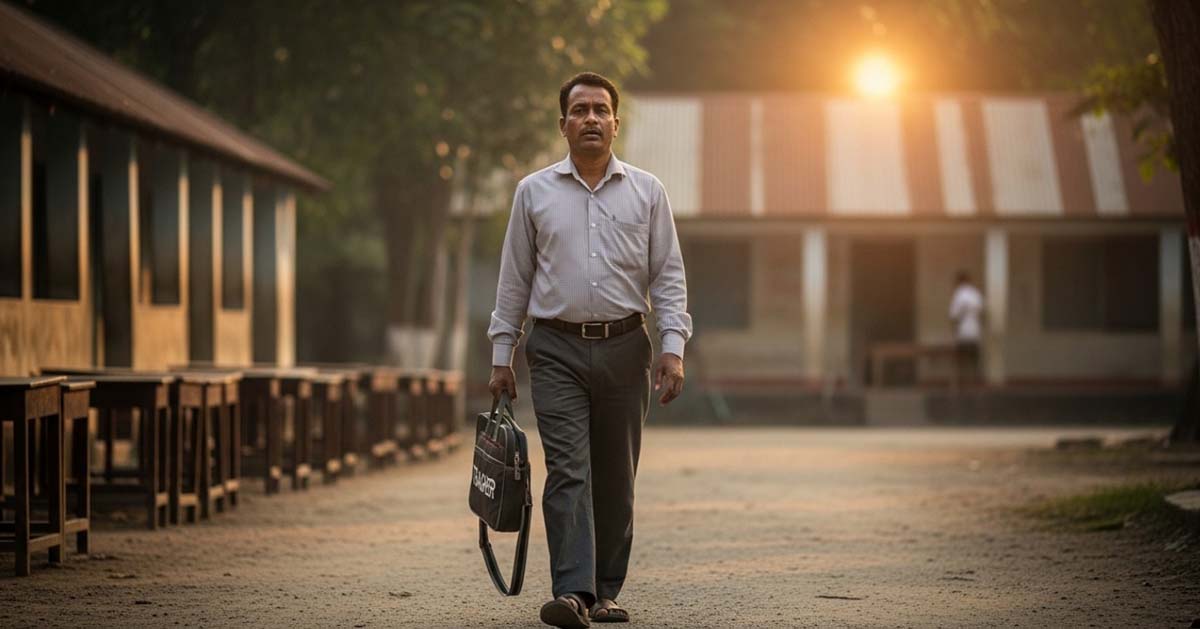 একজন শিক্ষক ক্লাসরুমে চিন্তিত মুখে দাঁড়িয়ে আছেন।