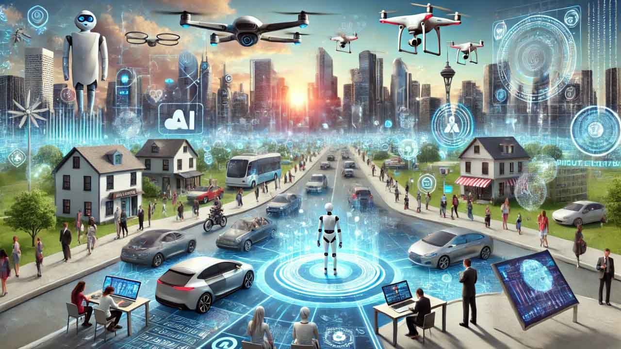 A futuristic city with AI, drones, and smart technology
