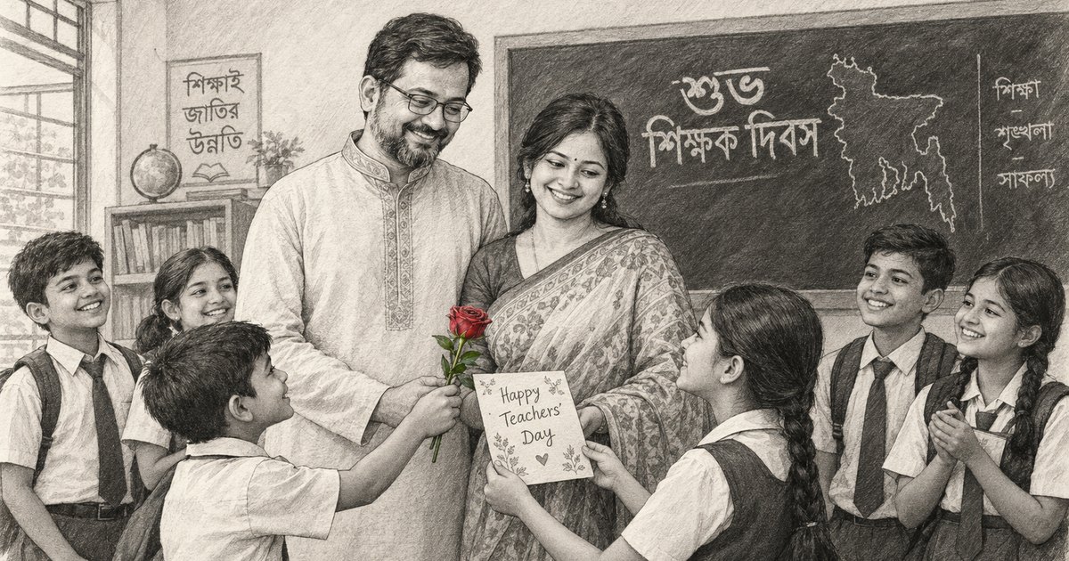 শ্রেণিকক্ষে শিক্ষার্থীরা দুই শিক্ষককে গোলাপ ও 'Happy Teachers' Day' কার্ড দিচ্ছে, পেছনের বোর্ডে লেখা 'শুভ শিক্ষক দিবস'